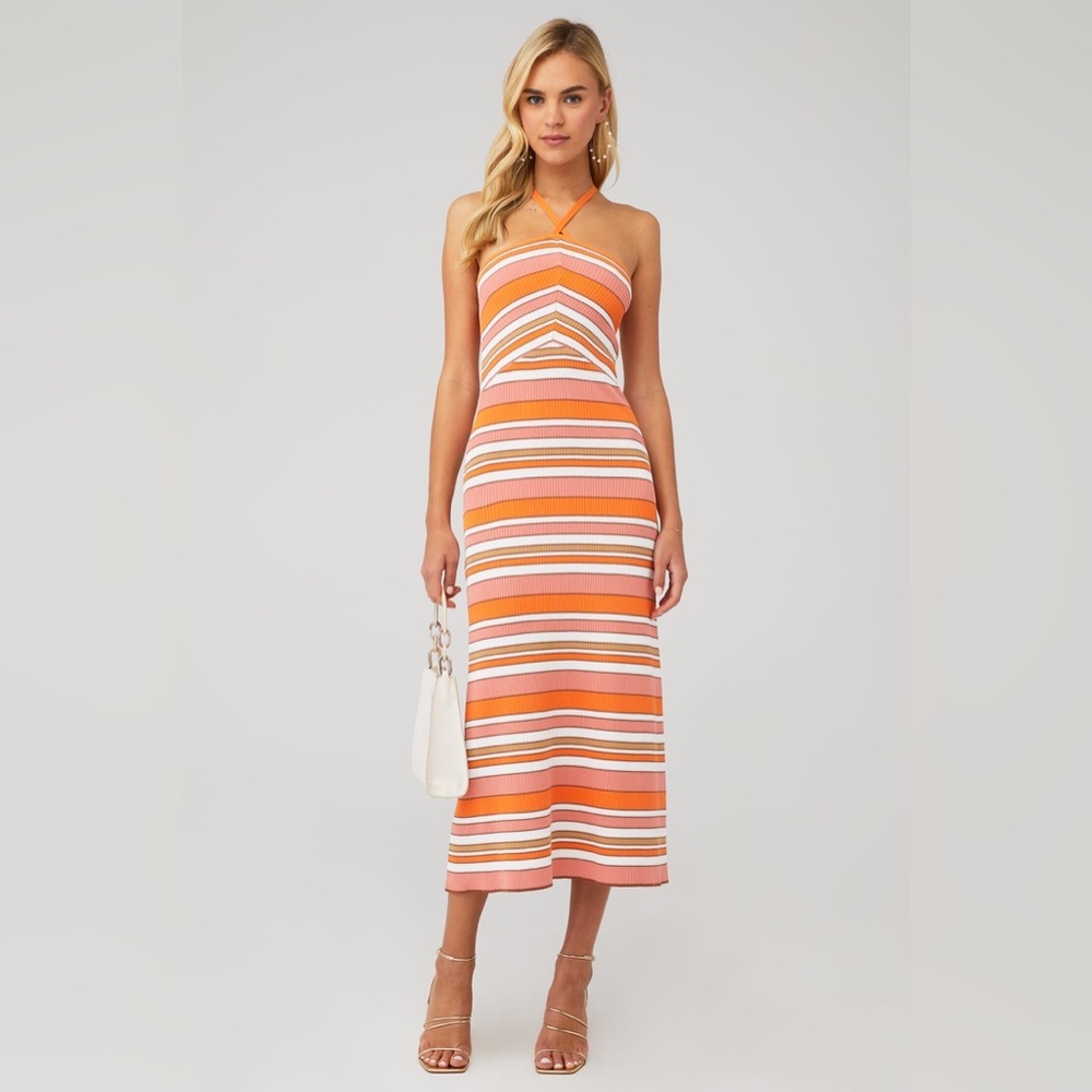 MINKPINK Vibrant Orange and Pink Striped Midi Dress